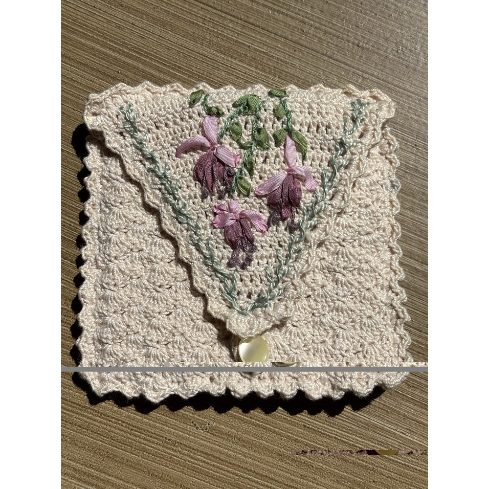 Dainty Vintage Handmade Crochet Coin Trinket Pouch With Silk Ribbon Embroidery